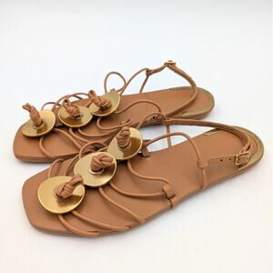 Tory Burch Artisanal Knotted Leather Sandal Elba Camello Goldtone Size US5M EU36
